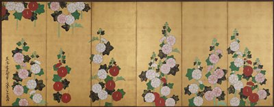 Hollyhocks [left of a pair of Plum Trees and Hollyhocks], Ogata Kenzan, first half 18th century