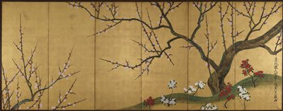 Plum Trees [right of a pair of Plum Trees and Hollyhocks], Ogata Kenzan, first half 18th century