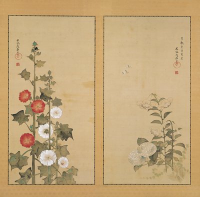 Lilies with Hydrangea and Hollyhocks, Sakai Hōitsu, 1801