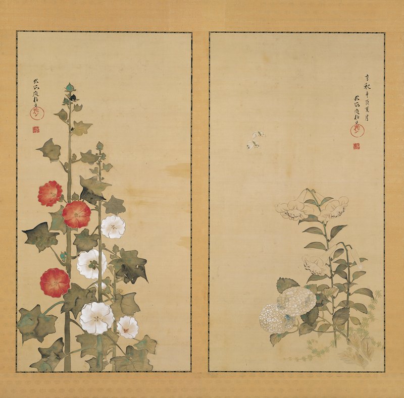 Lilies with Hydrangea and Hollyhocks, Sakai Hōitsu, 1801