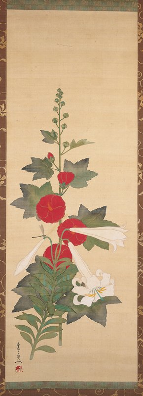 Hollyhock and Lilies, Suzuki Kiitsu, first half 19th century
