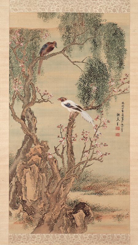 Two Magpies on Willow and Peach Trees by Yosa Buson