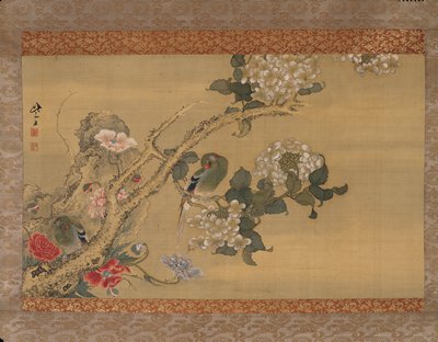 Parakeets among Hydrangeas and Poppies, Sō Shiseki, after 1770