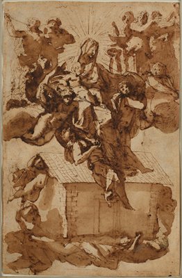 Dokumentasi “The Miracle of the Santa Casa of Loreto (recto); The Virgin and Child Carried by Angels (verso)”; Pen and brown ink with brown wash (white heightening on verso). Minneapolis Institute of Art.