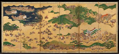 The Battle of Ichinotani [right of a pair of Scenes from the Tale of the Heike], Kano School, mid 17th century