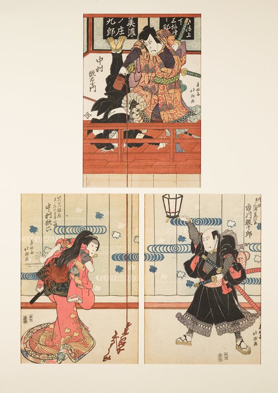 Actors Nakamura Utaemon III as Mino no Shōkurō, Ichikawa Ebijūrō I as Gantetsu, actually Miura Arajirō, and Nakamura Karoku I as the Courtesan Hinazuru, actually Shōkurō’s wife Kochō, Hokushū 北洲, c. 1823, 1st month