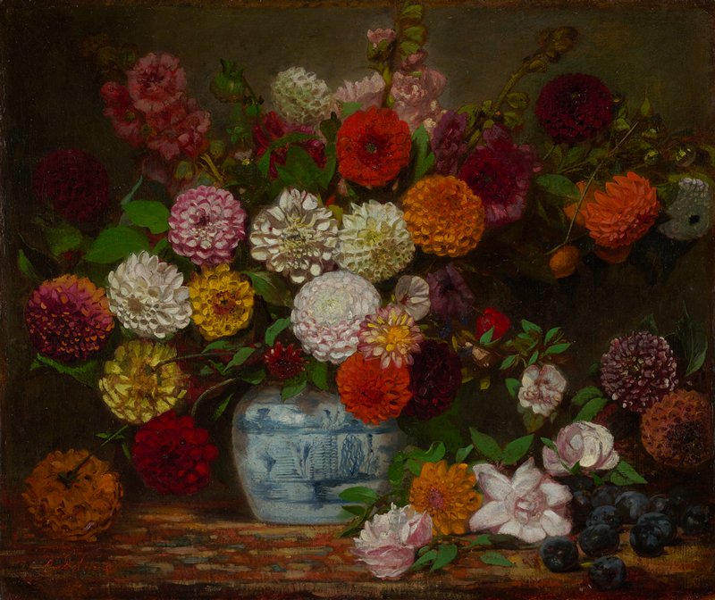 Still Life with Dahlias, Zinnias, Hollyhocks and Plums, Eugène Delacroix, c. 1835