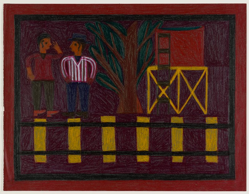 Two Men, Tracks and Water Tower, Eddie Arning, c. 1965