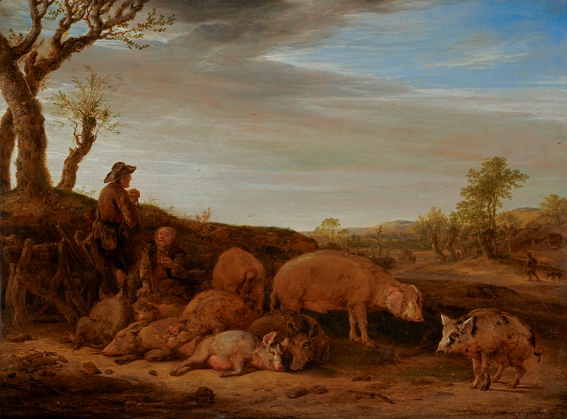 A Landscape with a Herd of Pigs, The Swineherd Conversing with Another Man, Paulus Potter, 1645