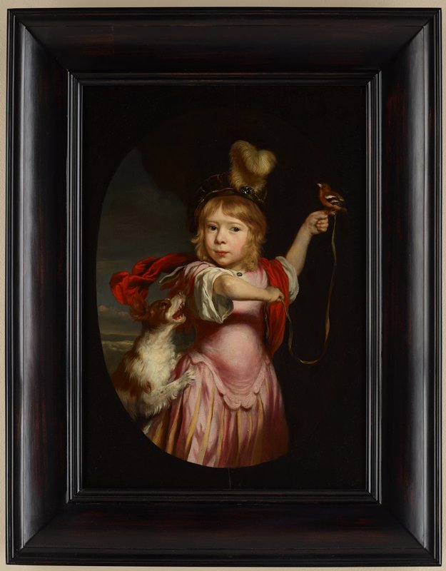 Portrait of a Boy in Classical Dress with a Bullfinch and Spaniel, Nicolaes Maes, c. 1670