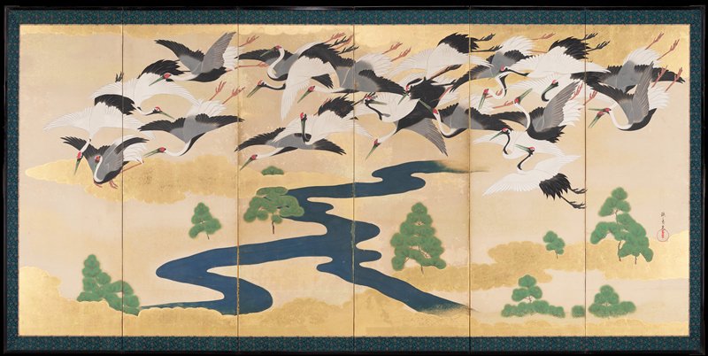 Cranes and Pines [right of a pair], Yamamoto Sodō, first half 19th century