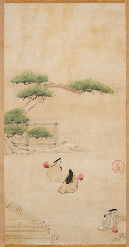 Scene from chapter 28, The Typhoon, of The Tale of Genji [center of a set of three], Taketsugu 武継, mid 17th century