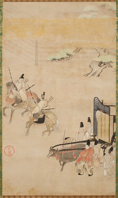 Scene from chapter 14, Channel Buoys, of The Tale of Genji [right of a set of three], Taketsugu 武継, mid 17th century