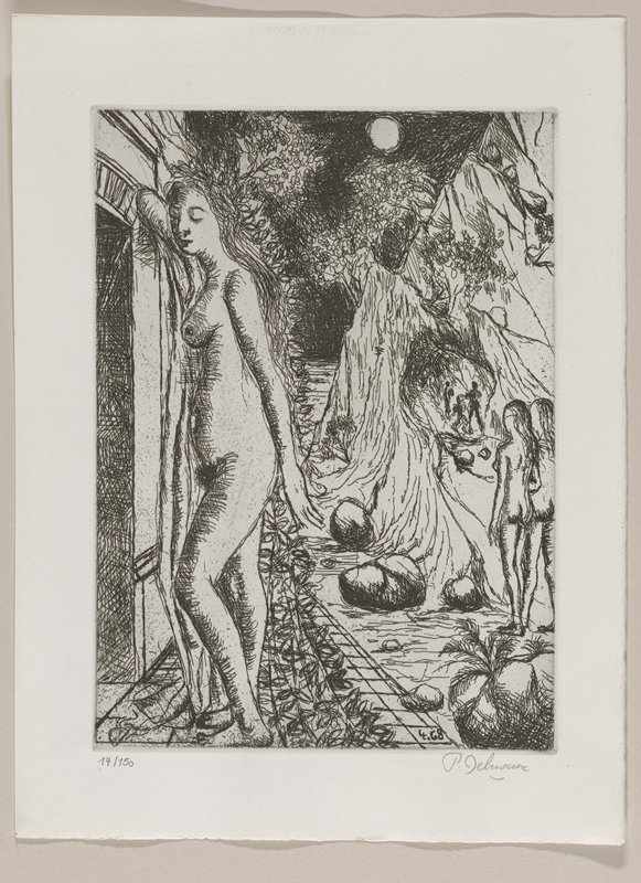 [Standing nudes in surrealist night landscape], Paul Delvaux, c. 1971