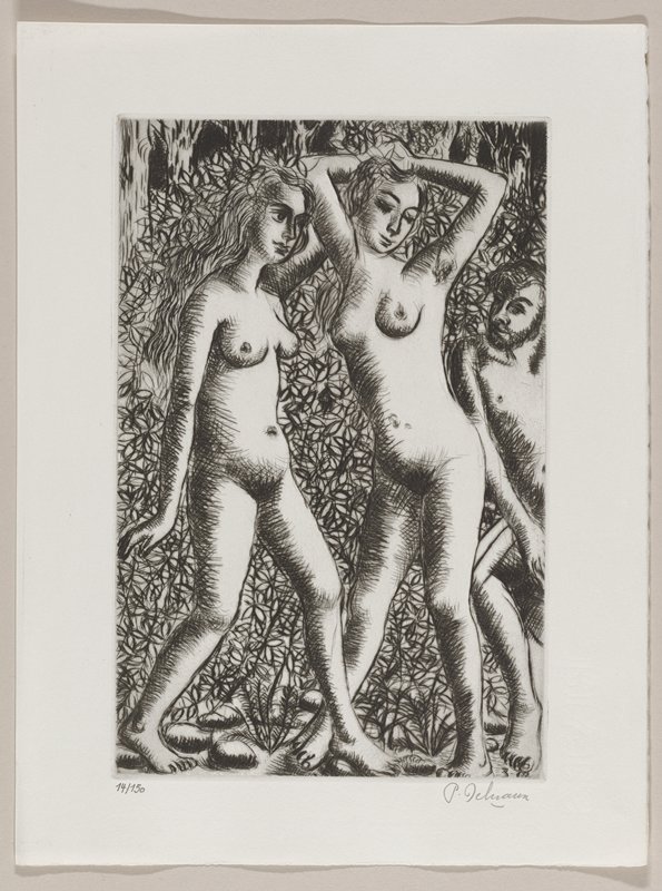 [Two standing nude women with male nude at right in landscape], Paul Delvaux, c. 1971
