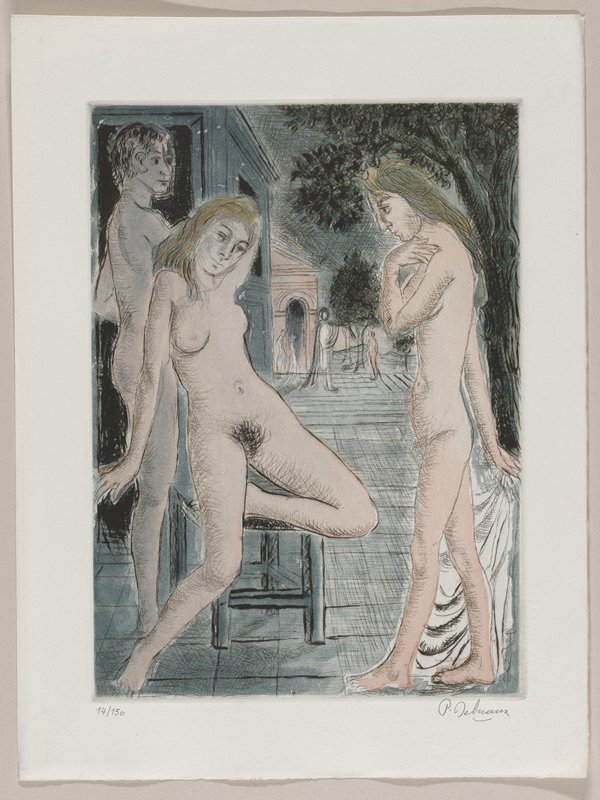 [Two female nudes and one male nude], Paul Delvaux, c. 1971