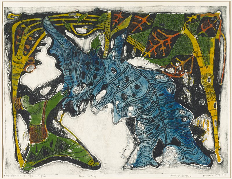 Fight with One-eyed Leopard, Bruce Onobrakpeya, 1970