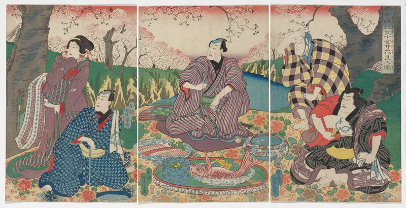 Picture of Stylish Cherry-blossom Viewing at Kibun Koganei, Цукиока Ёситоси, 1860, 2-й месяц по лунному календарю
