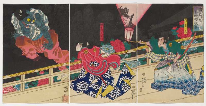 Picture of Kusunoki Tamonmaru Conquering the Old Badger, Цукиока Ёситоси, 1860, 4-й месяц по лунному календарю