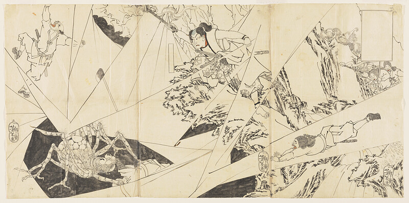 Minamoto Yorimitsu (Raikō) and His Retainers Attacking the Earth Spider (Tsuchigumo), Цукиока Ёситоси, начало 1860-х