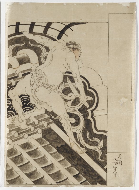 Man with knife on rooftop, Цукиока Ёситоси, вторая половина 1860-х