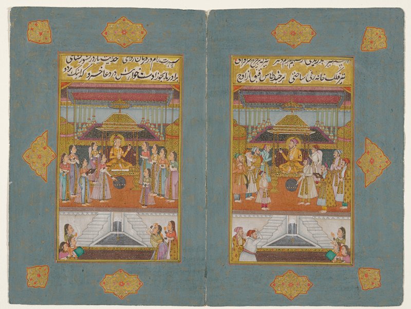 Two court scenes, one with a woman presiding the other with a man [Nur Jahan and Jahagir?] by Artist Unknown, Provincial Moghul [possibly Murshidabad]
