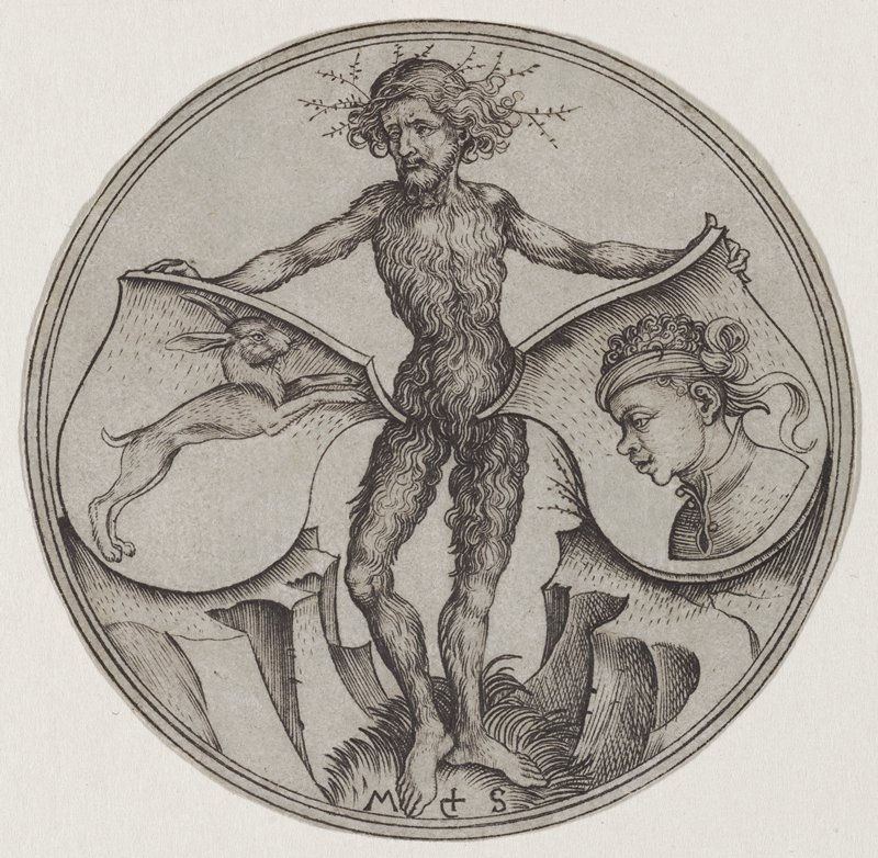 Two Shields Supported by a Wild Man, Martin Schongauer, 15th century
