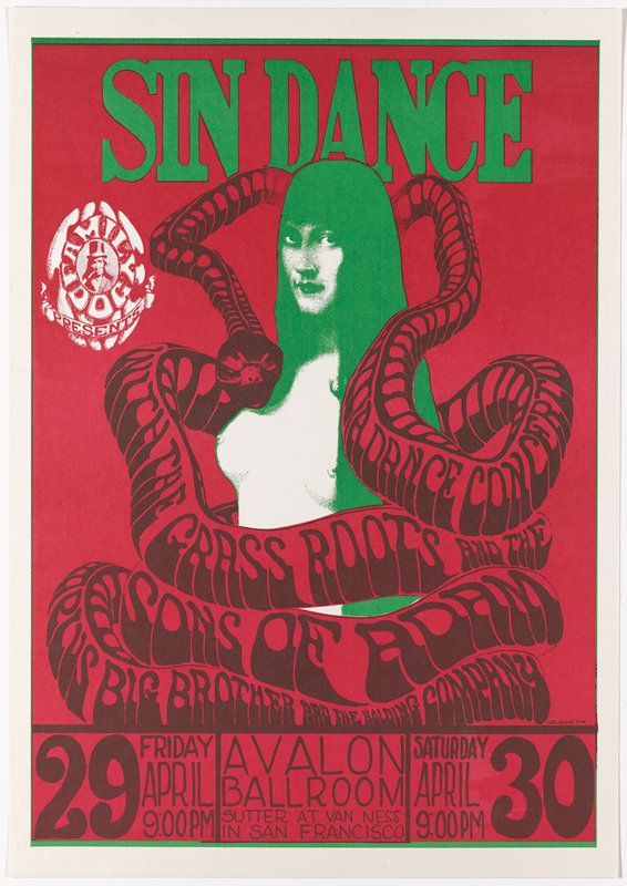 Sin Dance: The Grass Roots, The Sons of Adam, Big Brother and the Holding Company, April 29-30, Avalon Ballroom, Wes Wilson, 1966