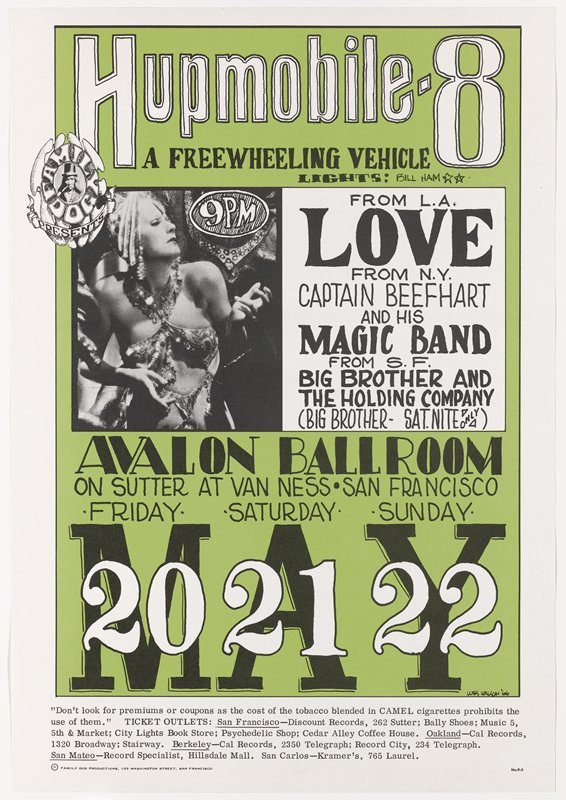 Love, Captain Beefhart and his Magic Band, Big Brother and the Holding Company, Avalon Ballroom, May 20-22, 1966, Wes Wilson, 1966