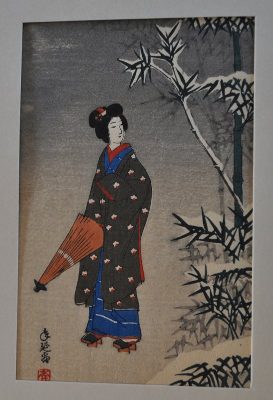Young woman looking at bamboo in snow, Toshinobu 年延, 1950s