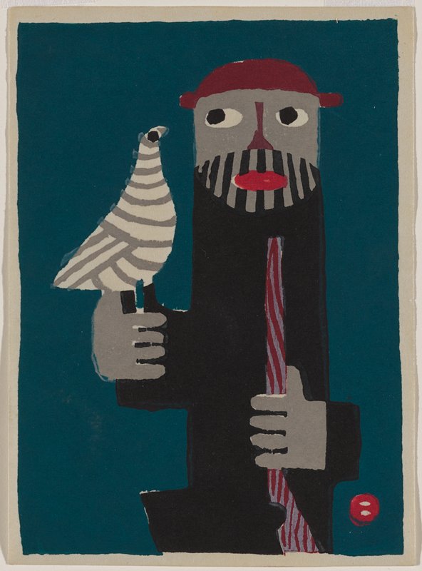 Title unknown [Man in red hat with bird], Azechi Umetarō, mid 20th century