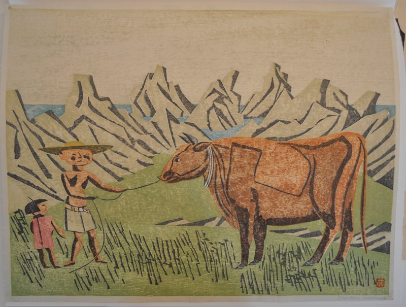 Title unknown [Cow and figures], Maekawa Senpan, mid 20th century