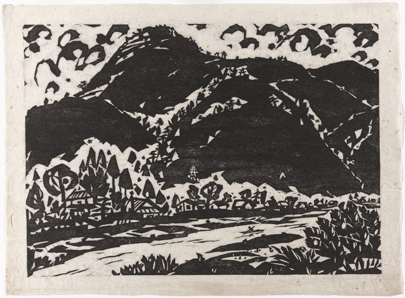 Untitled [mountains, village, and boater], Amano Kazumi, late 1950s