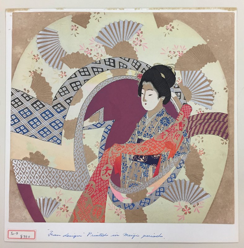 No. 42, Woman with patterned fabric and pleated fans, Otake Chikuha, 1902