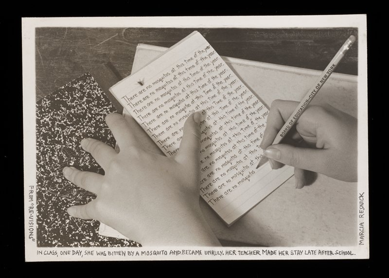 In class, one day, she was bitten by a mosquito.  Her teacher made her stay later after school and became unruly, Marcia Resnick, 1978