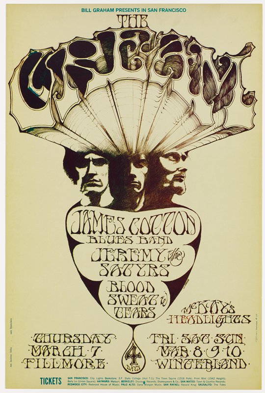 Cream, James Cotton Blues Band, Jeremy and the Satyrs, Blood, Sweat, and Tears, Fillmore Auditorium, March 7, 1968, Winterland, March 8-10, 1968, Stanley Mouse, 1968