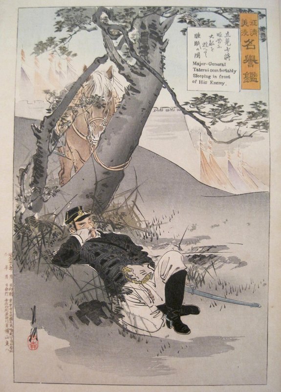 Picture of Major General Tatsumi Comfortably Sleeping with the Powerful Enemy before His Eyes, Ogata Gekkō, 1895