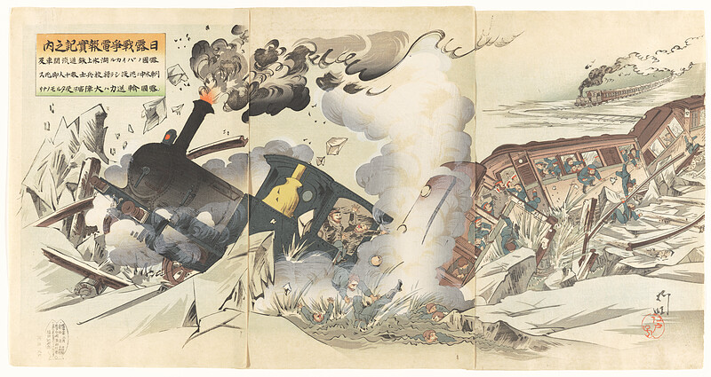 In a True Account by Telegram from the Russo-Japanese War, Engine and Carriages of the Train running over Frozen Lake Baikal, Russia, Sinks in the Water, Killing Scores of Officers and Soldiers Instantly. Russia’s Transport Capacity is Severely Damaged, Takeuchi Ryūa, March 1904
