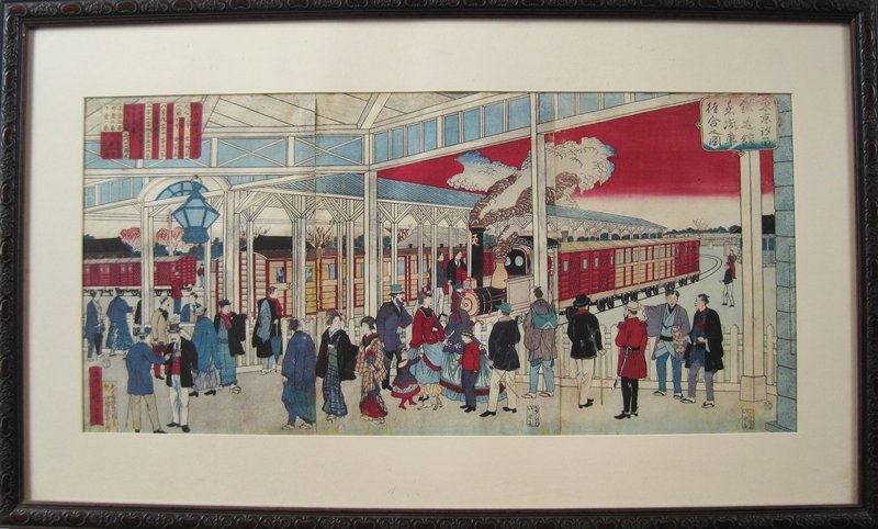 Picture of Steam Locomotive and Waiting Area at Tokyo Shiodome Station, Utagawa Hiroshige III, 1873, second lunar month