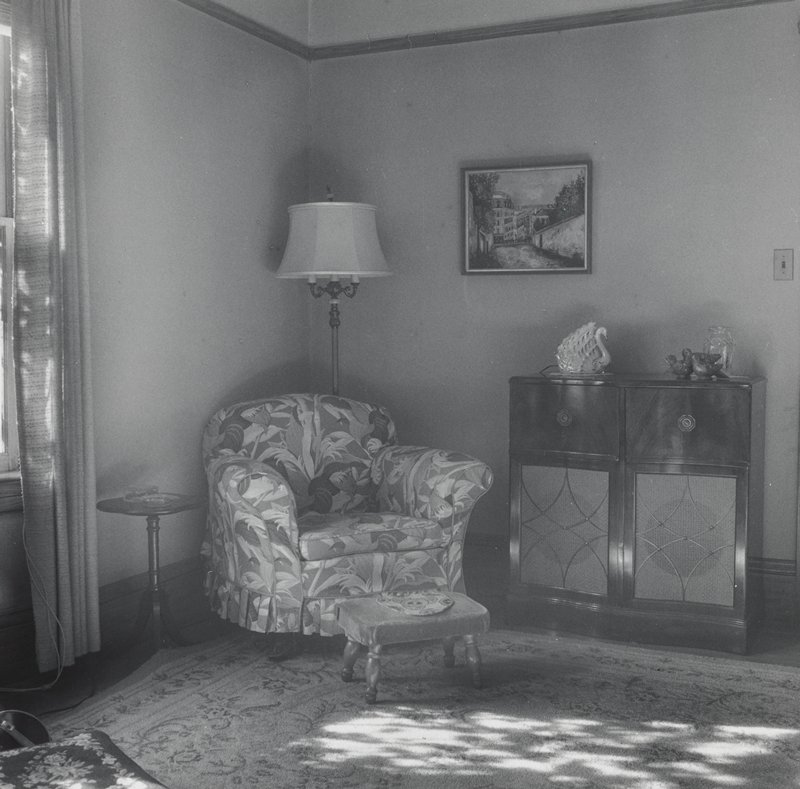 [Living room with floral chair], Joanne Leonard, 20th century