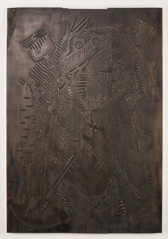 Printing matrix for the woodcut Hoarder, Aaron Spangler, 2014