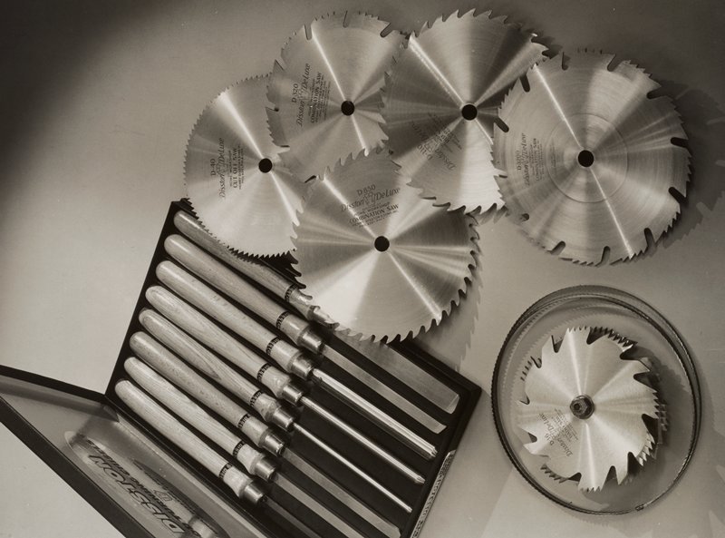Still life with Disston table saw blades and a box of turning chisels, Edward W. Quigley, 1948