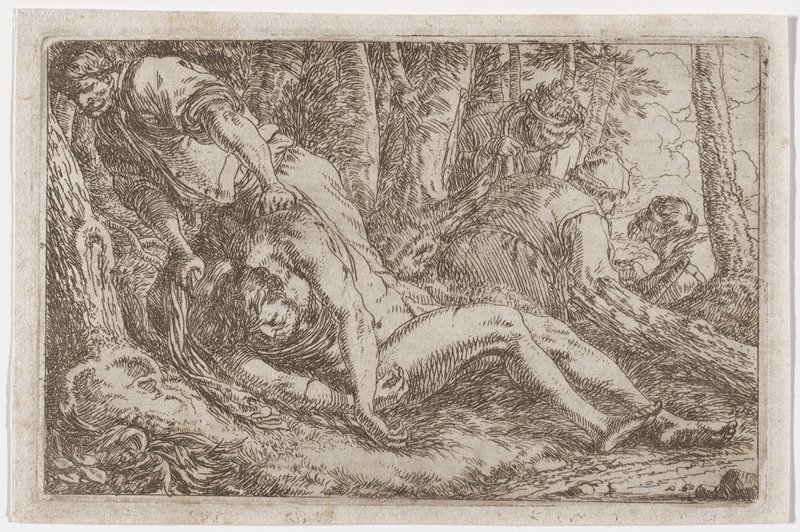 The traveller's body dragged into the woods, three robbers dividing the loot, from Der barmherziger Samariter, Jonas Umbach, mid–late 17th century