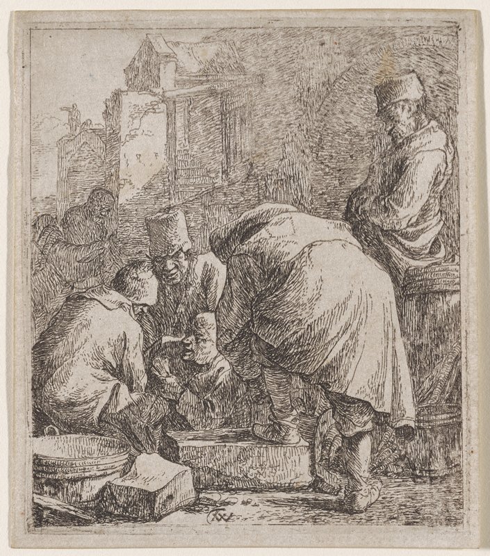 A man adjusting his footwear, at left three men playing at cards, Thomas Wijck, 17th century