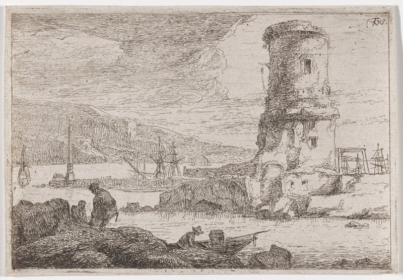 A harbour with a round tower, Thomas Wijck, 17th century