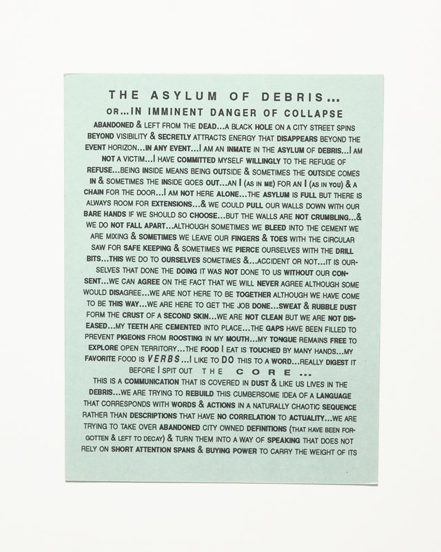 Card/Insert: THE ASYLUM OF DEBRIS..., Fly NYC, August 1995