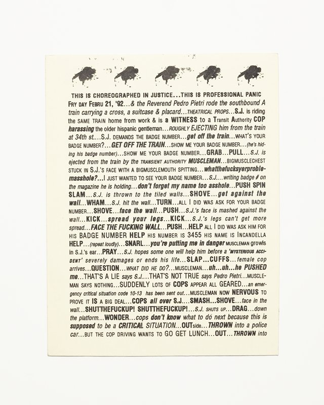Card/Insert: THIS IS CHOREOGRAPHED IN JUSTICE..., Fly NYC, February 1992