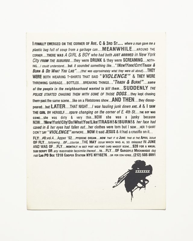 Card/Insert: I AWOKE TO FIND MY SELF IN THE POLICE DOG KENNELS..., Fly NYC, 1992