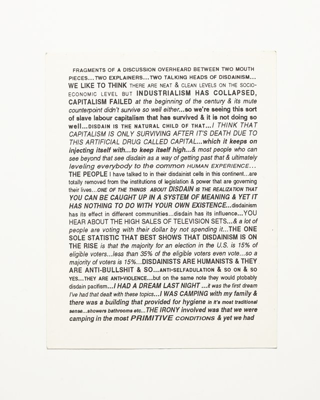 Card/Insert: FRAGMENTS OF A DISCUSSION OVERHEARD BETWEEN TWO MOUTH PIECES..., Fly NYC, September 1991