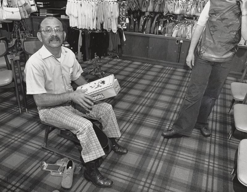I've been a shoe salesman for thirty-six years. The way people take care of their shoes shows their character. Seventy percent of people wear shoes that don't fit. When you sell good merchandise, it doesn't come back but the people do. Tri-Valley Area, Northern California, Bill Owens, 1975